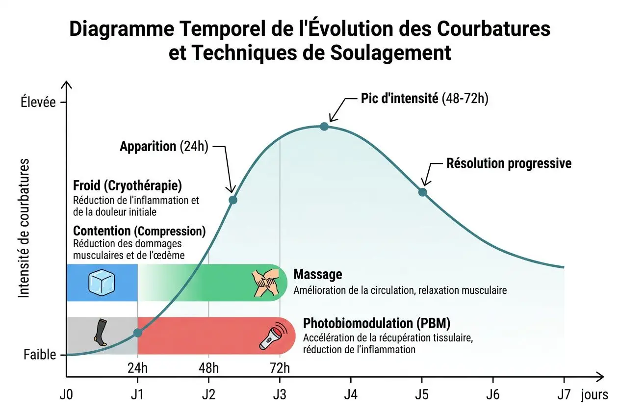 Diagramme montrant l’évolution des courbatures et les techniques de soulagement sur 7 jours, avec massages et PBM. Fatigue musculaire remède et solutions.