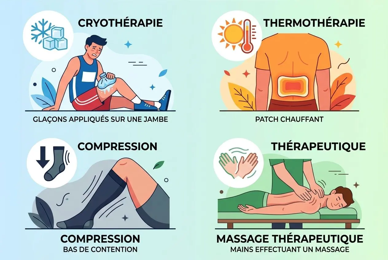 Gamme d’options pour fatigue musculaire remède: illustration en quatre panneaux montrant cryothérapie, thermothérapie, compression et massage thérapeutique. Glaçons sur une jambe, patch chauffant sur le dos, bandage de compression, massage thérapeutique des muscles.
