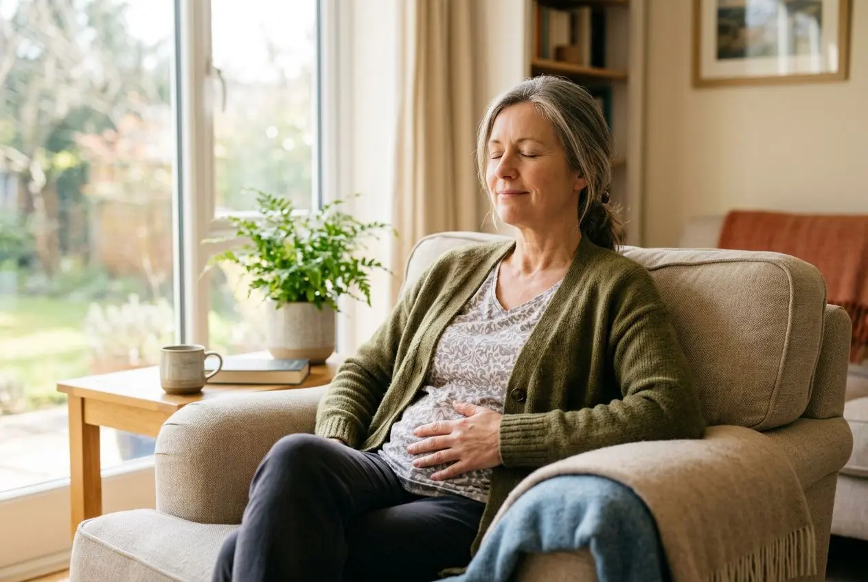 Sage femme enceinte ou femme âgée détendue sur un canapé, douceur lumineuse sur le ventre, avec lumière naturelle près de la baie vitrée, lumière apaisante et bienveillante. luminothérapie gynécologique dans l’environnement domestique.