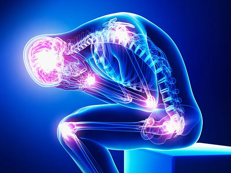 Schéma anatomique translucide d’une personne assise, montrant des zones articulaires et douloureuses en surbrillance rose, avec un effet lumineux bleu autour.