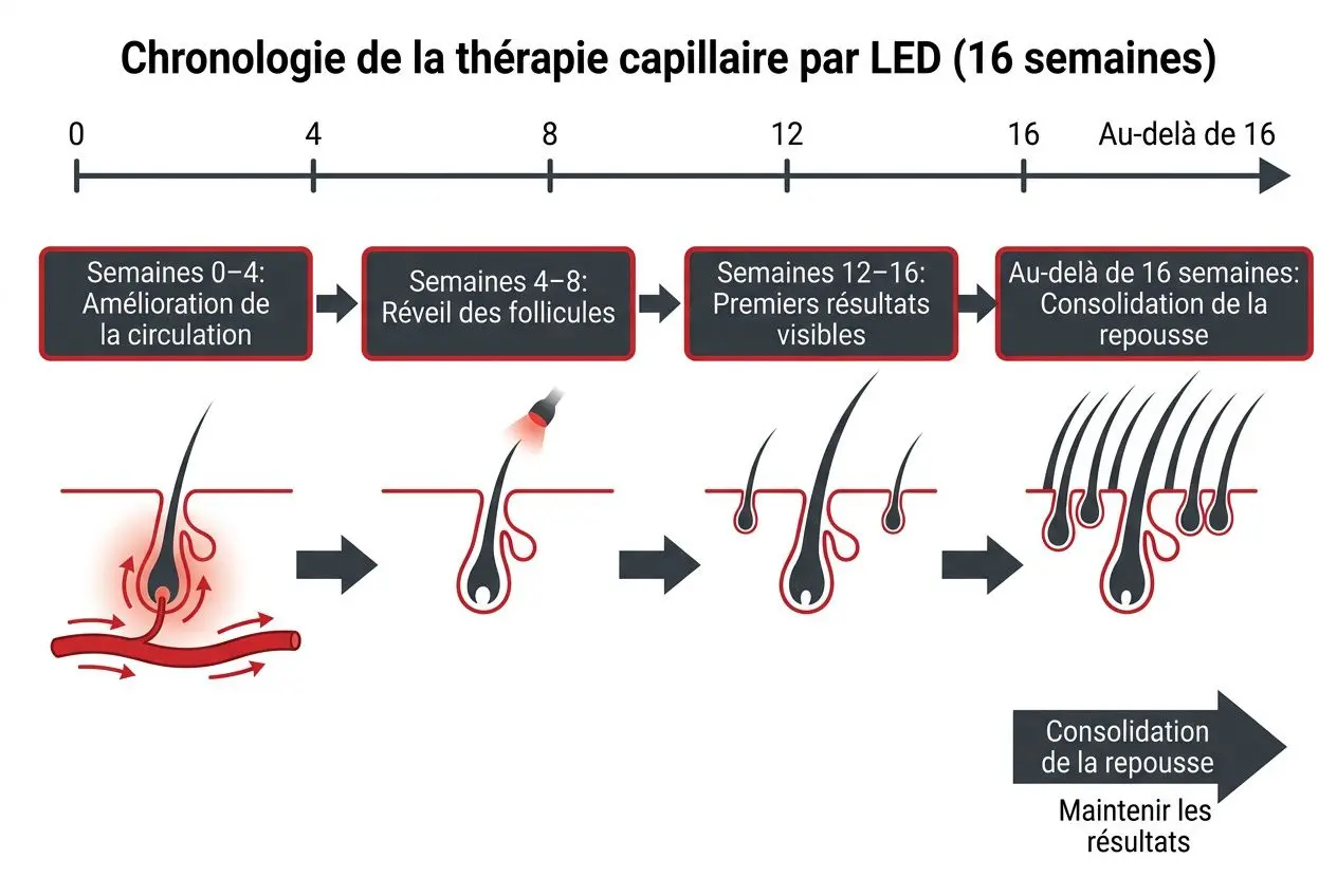 Chronologie graphique de la thérapie capillaire par LED sur 16 semaines, montrant amélioration de la circulation, réveil des follicules et consolidation de la repousse. Luminothérapie perte de cheveux.