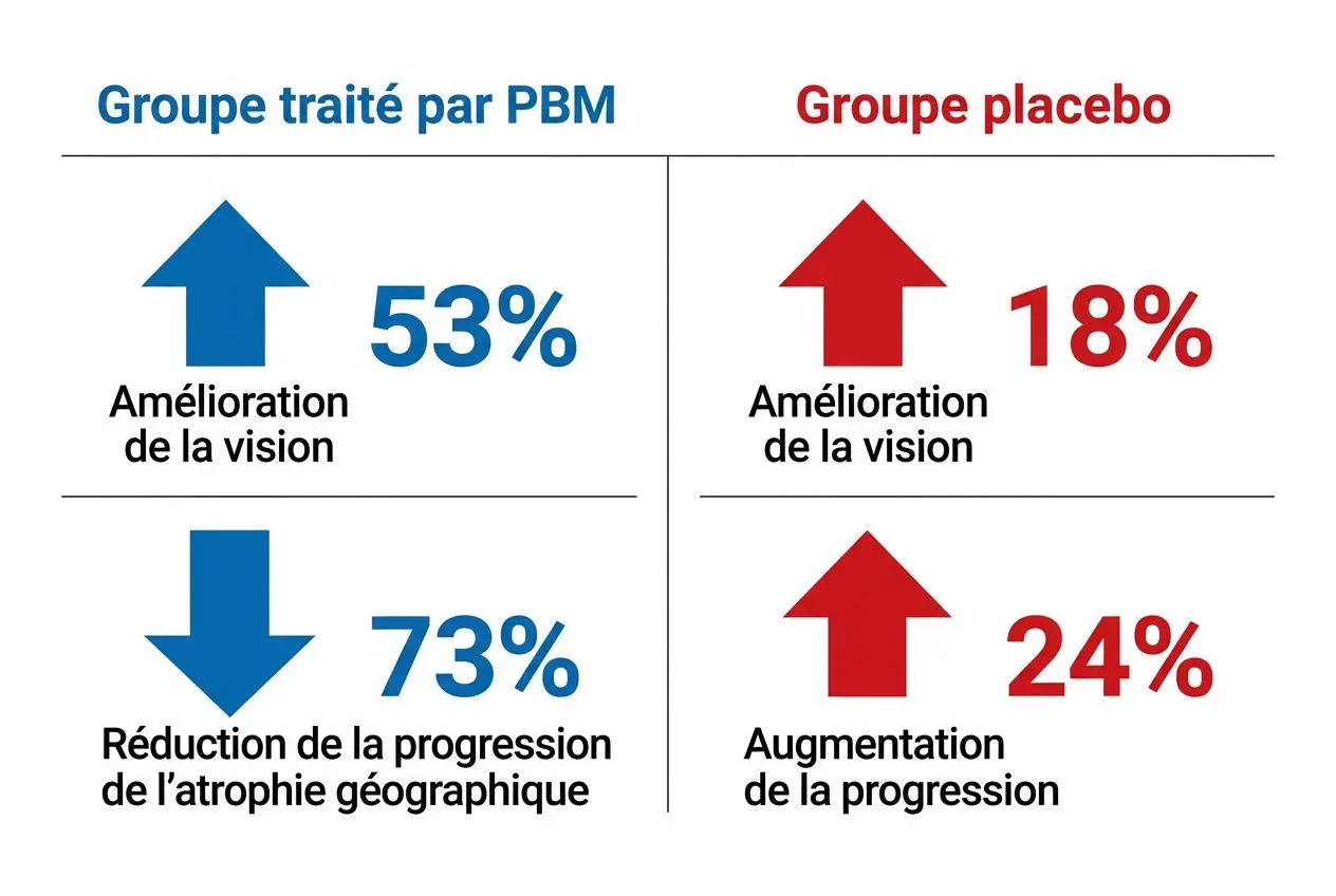 Diagramme comparant PBM vs placebo sur l’amélioration visuelle et la progression de l’atrophie, dans le cadre de luminothérapie et dmla.
