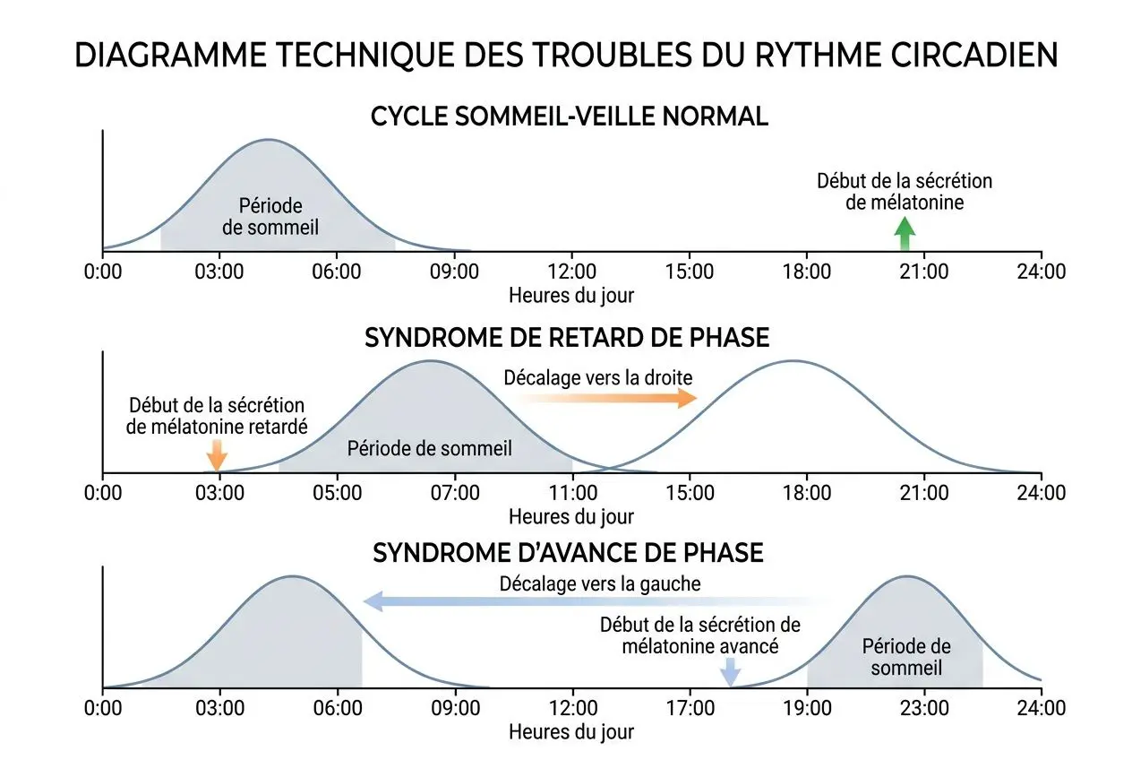 Diagramme technique sur les troubles du rythme circadien, montrant cycles jour-nuit et retards de phase liés à la mélatonine. Inclut période de sommeil et schémas de décalages. Intègre le concept de luminothérapie et sommeil.