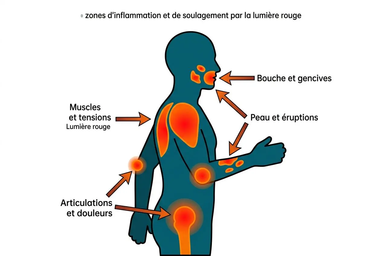 Schéma illustrant les zones inflammées et soulagées par la lumière rouge sur un corps humain, notamment articulation, muscles, visage, peau et extrémités. Intègre la notion de luminothérapie et cancer.